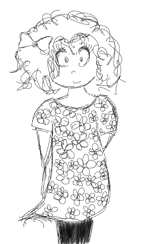 Loose black and white sketch of a girl with curly hair and a bow in it, in a floral dress with her hands behind her back.